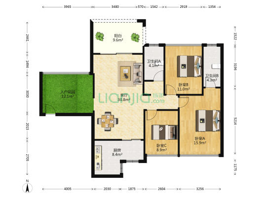 大坤金洲广场 3室1厅2卫 115平方