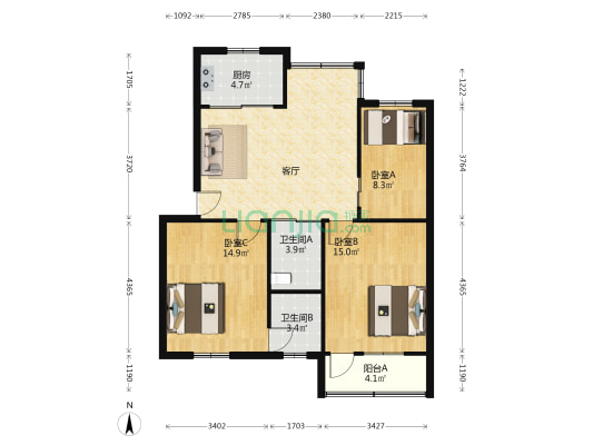 雅苑小区 3室1厅2卫 91平方