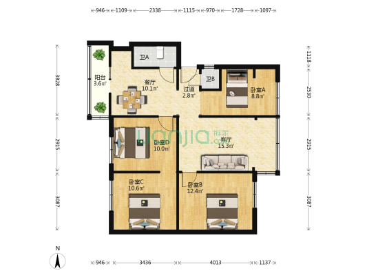 云南省化工进出口石化厅供销公司职工住宅 4室2厅2卫 79平方
