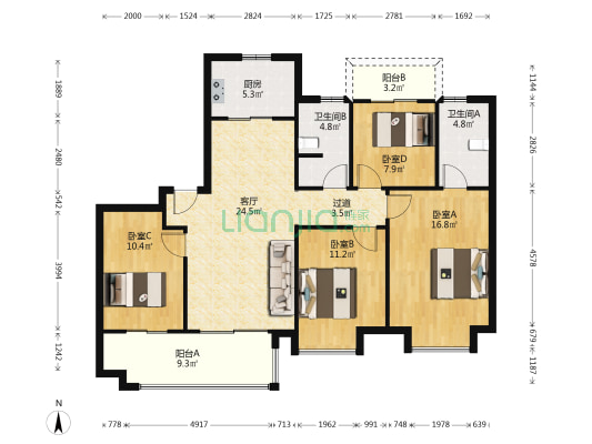 绿地晖悦花园 4室1厅2卫 133平方