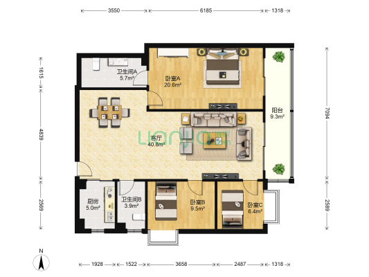 政民路 3室1厅2卫 120平方