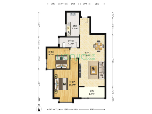 大秦郡 2室1厅1卫 96平方