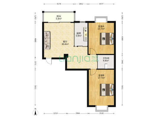 北岸晏城 2室1厅1卫 92平方