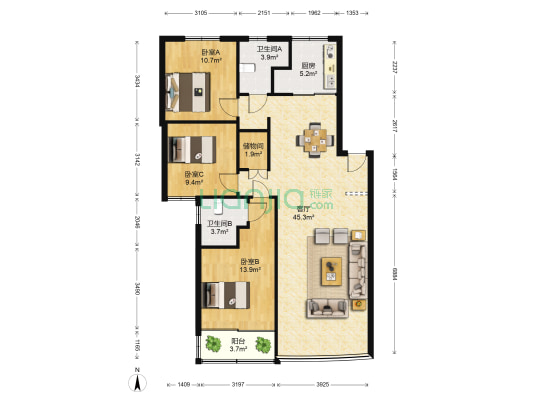 管委会宿舍 3室1厅2卫 110平方
