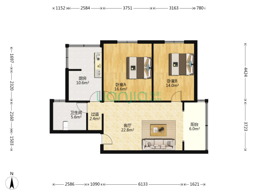 新华苑（南岸） 2室1厅1卫 90平方