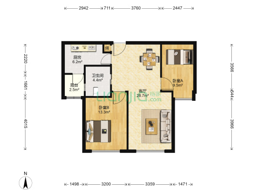 仁恒河滨花园 2室1厅1卫 93平方