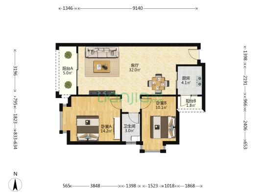 翡翠城 2室1厅1卫 81平方
