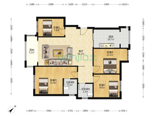 绿地海外滩二期 4室1厅2卫 121平方
