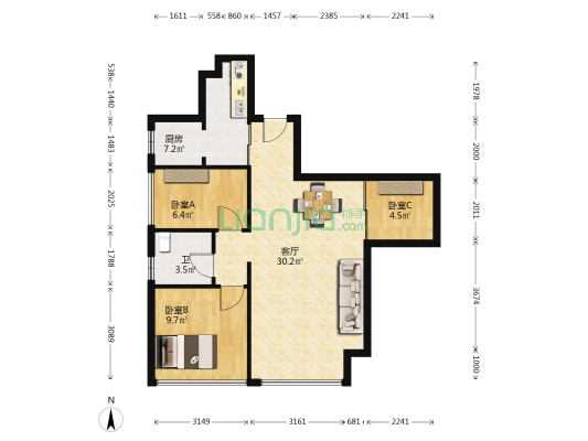 新华学府银座 3室1厅1卫 73平方