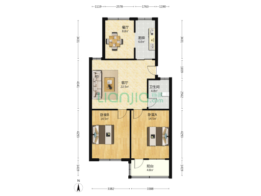泽园太阳城 2室2厅1卫 78平方