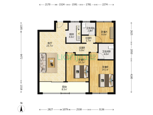钱江御府 3室1厅2卫 88平方