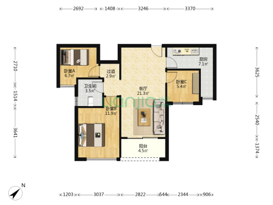 碧桂园观麓花园 3室1厅1卫 76平方