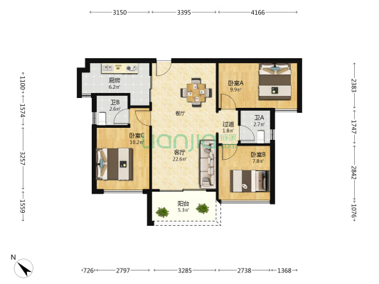 同樾里 3室1厅2卫 90平方