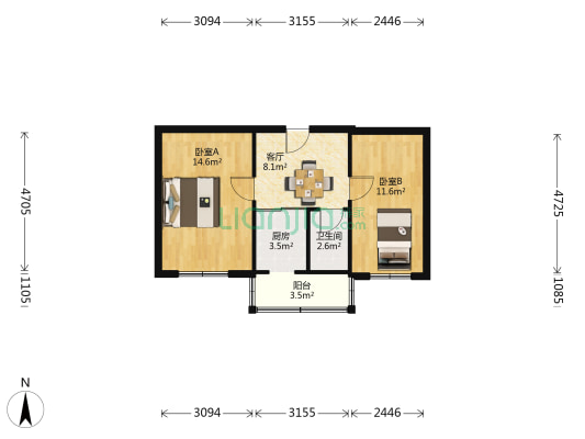 紫金南里 2室1厅1卫 57平方