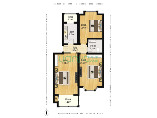 鹿海园三里 3室0厅1卫 90平方