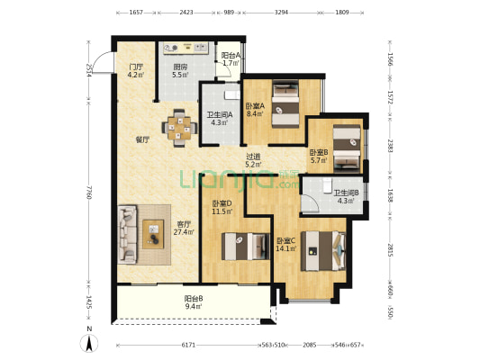 书香云海仕学苑 4室1厅2卫 128平方