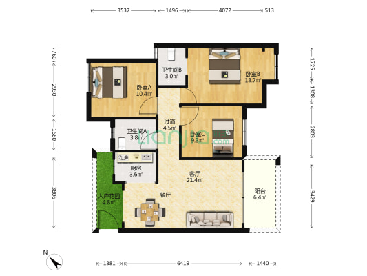 观池观天府 3室1厅2卫 98平方