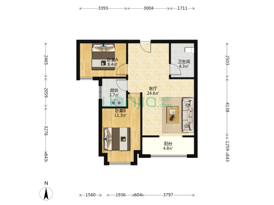 万悦城新本全南两居精装修看房方便-户型图