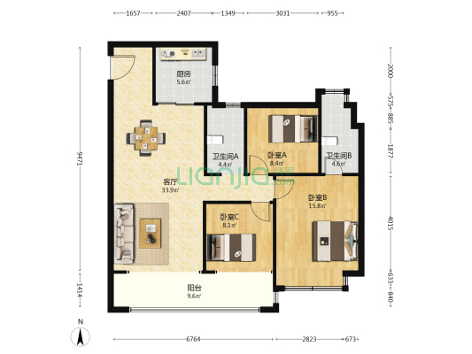 碧桂园星钻 3室1厅2卫 124平方