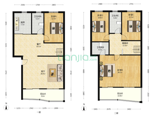 联排别墅，上下两层，全天采光，房本满五-户型图