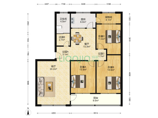 圣基花园 3室2厅1卫 138平方