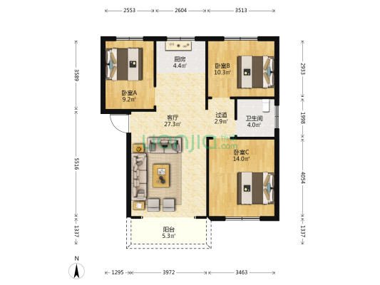 香桂园 3室1厅1卫 89平方
