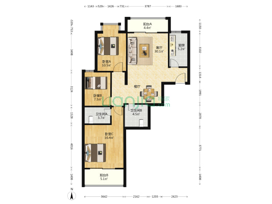 官路小区 3室1厅2卫 105平方