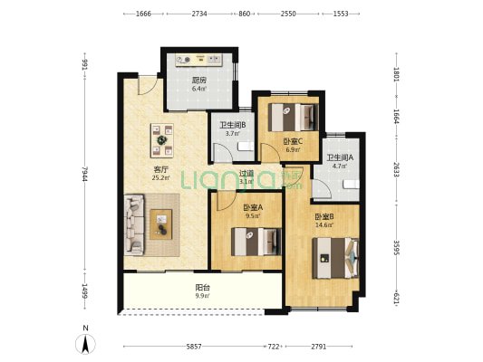 杭与城 3室1厅2卫 105平方