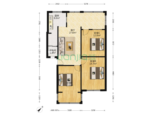 市物资局宿舍 3室1厅1卫 85平方