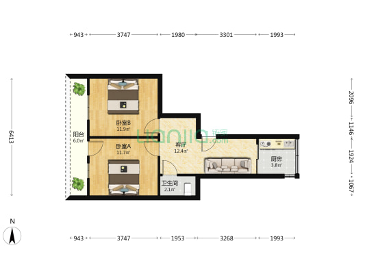 三秀北里 2室1厅1卫 54平方