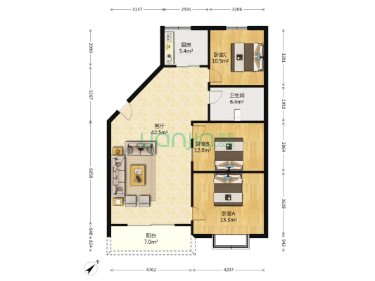 鸡冠石路1号 3室1厅1卫 107平方