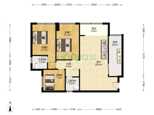 中交中央公园美麓 3室1厅2卫 100平方