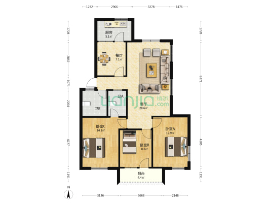 离休干部休养所宿舍 3室2厅2卫 104平方