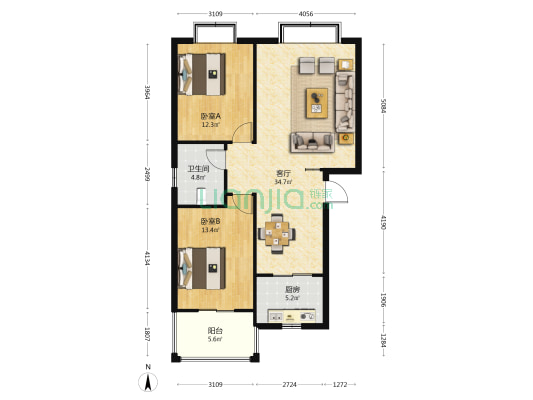 玉龙华府 2室1厅1卫 91平方