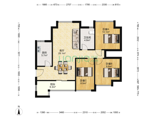 兰亭都荟 3室1厅1卫 90平方