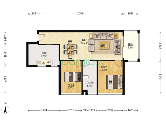 尚都名苑 2室1厅1卫 85平方
