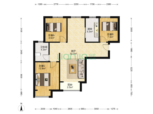 浭阳乐郡 3室1厅1卫 109平方