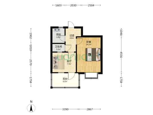 罗城头二号院 1室1厅1卫 42平方