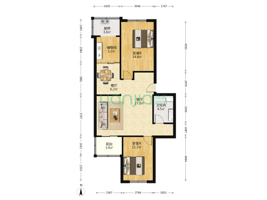 中国银行宿舍 2室2厅1卫 93平方
