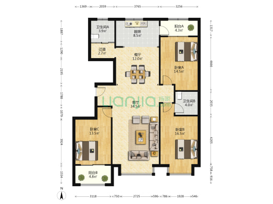 嘉友·铭园 3室2厅2卫 160平方