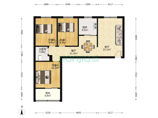 汇祥苑 3室2厅1卫 88平方