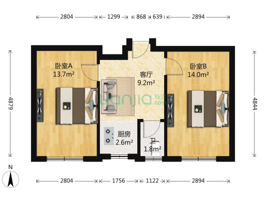 越北朝阳新村 2室1厅1卫 54平方