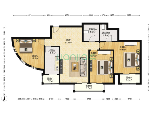 中海城香克林 3室1厅2卫 124平方