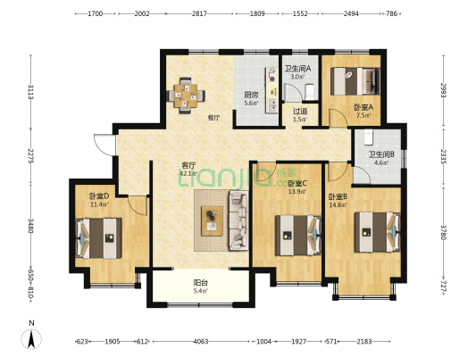 华邦颐河阳光 4室1厅2卫 152平方