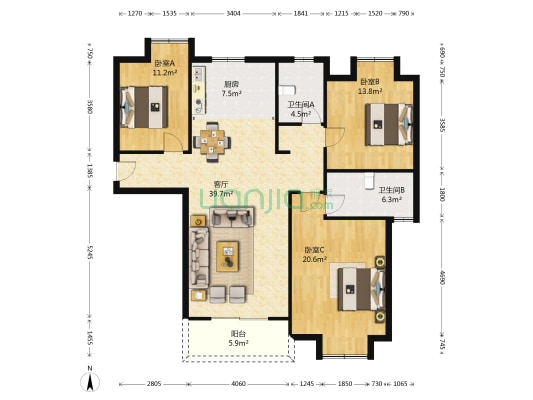 水桥花园 3室1厅2卫 128平方