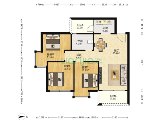 银河世纪 3室1厅1卫 100平方