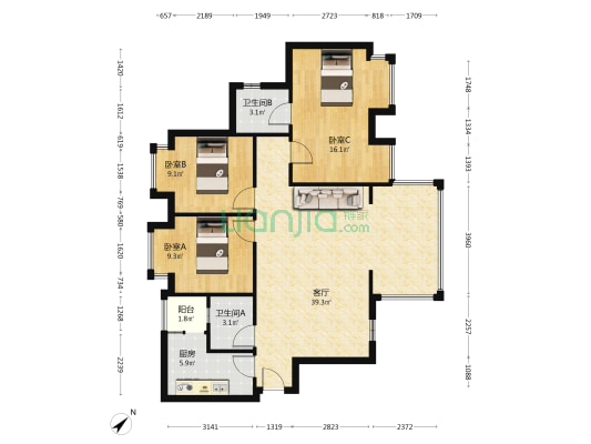龙腾御锦城 3室1厅2卫 102平方