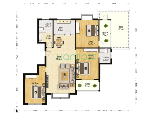 宝通花园 3室1厅2卫 141平方