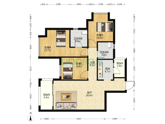 龙湖椿山小苑 3室1厅2卫 100平方