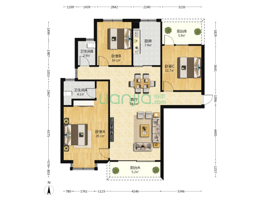 广西中医院大学仙葫职工生活区 3室1厅2卫 123平方